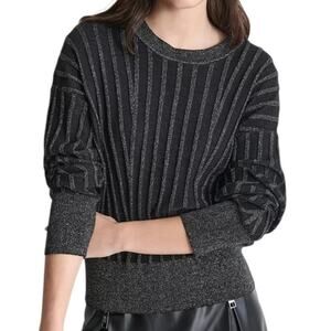 DKNY Women’s Striped Dropped Sleeve Crewneck Sweater Black Size XL